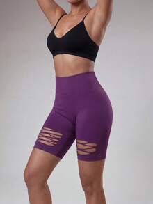 Radiana Shorts mi-longs moulants athlétiques déchirés pour femmes - Prune - Voir 5