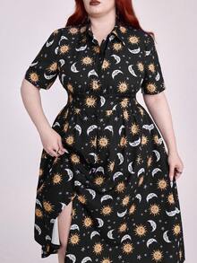 ROMWE Hippie Summer Dress Fairycore Vintage Mori Style Sun & Moon Star Print Short Sleeve Shirt Collar Plus Size Women Dress - Black - View 2