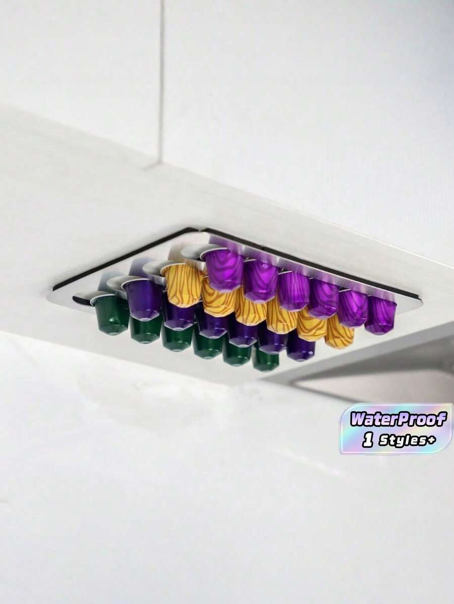 1Pc Metal Wall-Mounted Coffee Capsule Organizer, No-Drill Adhesive Coffee Capsule Holder, Modern Metal Stand, Suitable For Kitchens, Offices, Hotels, Restaurants, Space-Saving Coffee Capsule Rack, Ideal Gift For Christmas And Housewarming. - Multicolor - View 1