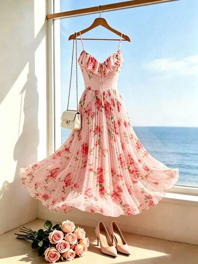 Rometta Plus Size Women's Romantic Floral Print Elegant Chiffon Pleated Spaghetti Strap Maxi Dress With Bow Tie Waist, Summer