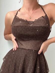 SHEIN Swim Women's Camisole Back Cross Strap Slim Fit Sheer Cover-Up - Brown - View 3