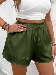 EMERY ROSE Plus Size Army Green Solid Paperbag Ruffle Drawstring Elastic High Waist Patch Pocket Loose Wide Leg Summer Casual Shorts For Women Vacation - Multicolor - View 4