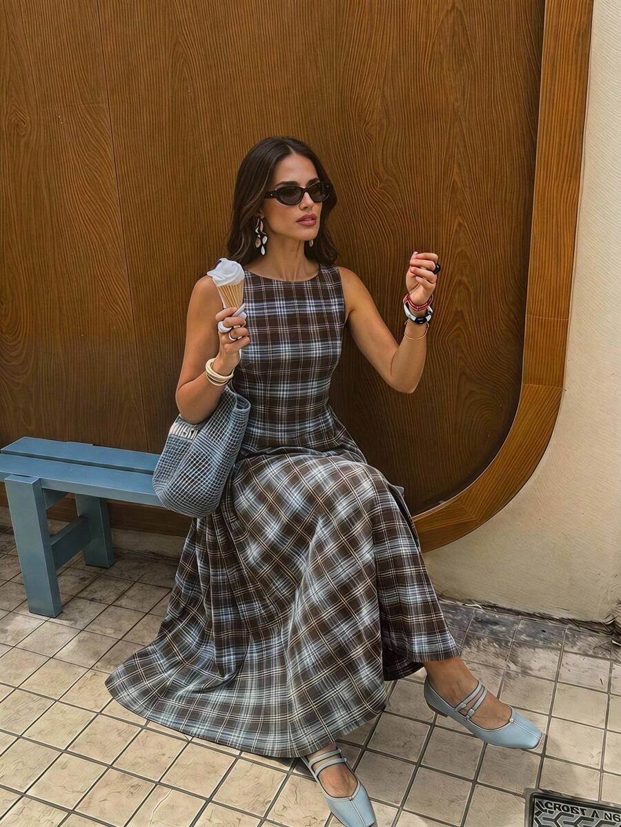 Aloruh Women's Elegant Casual Commute Outdoor Plaid Sleeveless Brown&Blue Dress,Country Style For Women,Holiday,Vacation,Work Office Dress,Summer Dress