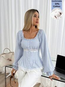 Easowa Damen Casual Gestreiftes Spitzen Patchwork Hemd - Blau-Weiß - Übersicht 5