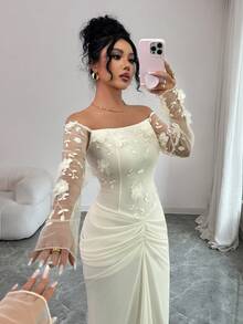 SHEIN Elenzya Women's Elegant Off Shoulder Ruched Long Party Dress - Apricot - View 3