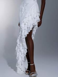 Elitara Vestido de Noche Formal Elegante Minimalista con Bordado de Cinta, Volantes Asimétricos y Hombros Descubiertos, Blanco, para Boda, Gala y Primavera - Blanco - Ver 10
