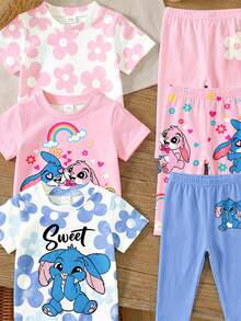 Young Girl Set, Multiple Prints Available: Blue White Rabbit, Pink Floral, Rainbow With Sweet Letter. Round Neck Short Sleeve, - Multicolor - View 4