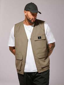 EASEVO Men Plus Size Autumn Casual Flap Pocket Zip-Up Loose Fit Vest, Vacation, Father's Day Gifts Going Out , Football - Camel - View 3