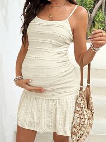 Lyckli Maternity Solid Color Casual Daily Summer Vacation Spaghetti Strap Dress - Apricot - View 5