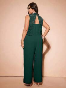 Cravure Elegant Lace Faux Leather Jumpsuit With Invisible Shoulder Straps, Plus Size 2 Pieces Set - Dark Green - View 2