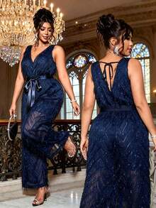 Cravure Plus Size Women's New Elegant Party Jumpsuit With Fringe, V-Neck, Bow Tie, Back Cutout, Spring/Summer - Navy Blue - View 1
