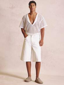 Musero Lightweight Open Knit Relaxed Fit Deep V Neck Shirt Spring Summer Essentials - White - View 6