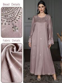Layrah Váy maxi tay dài cổ tròn đính đá thủ công bằng vải nhũ vân nổi - Rượu sâm banh - Xem 1