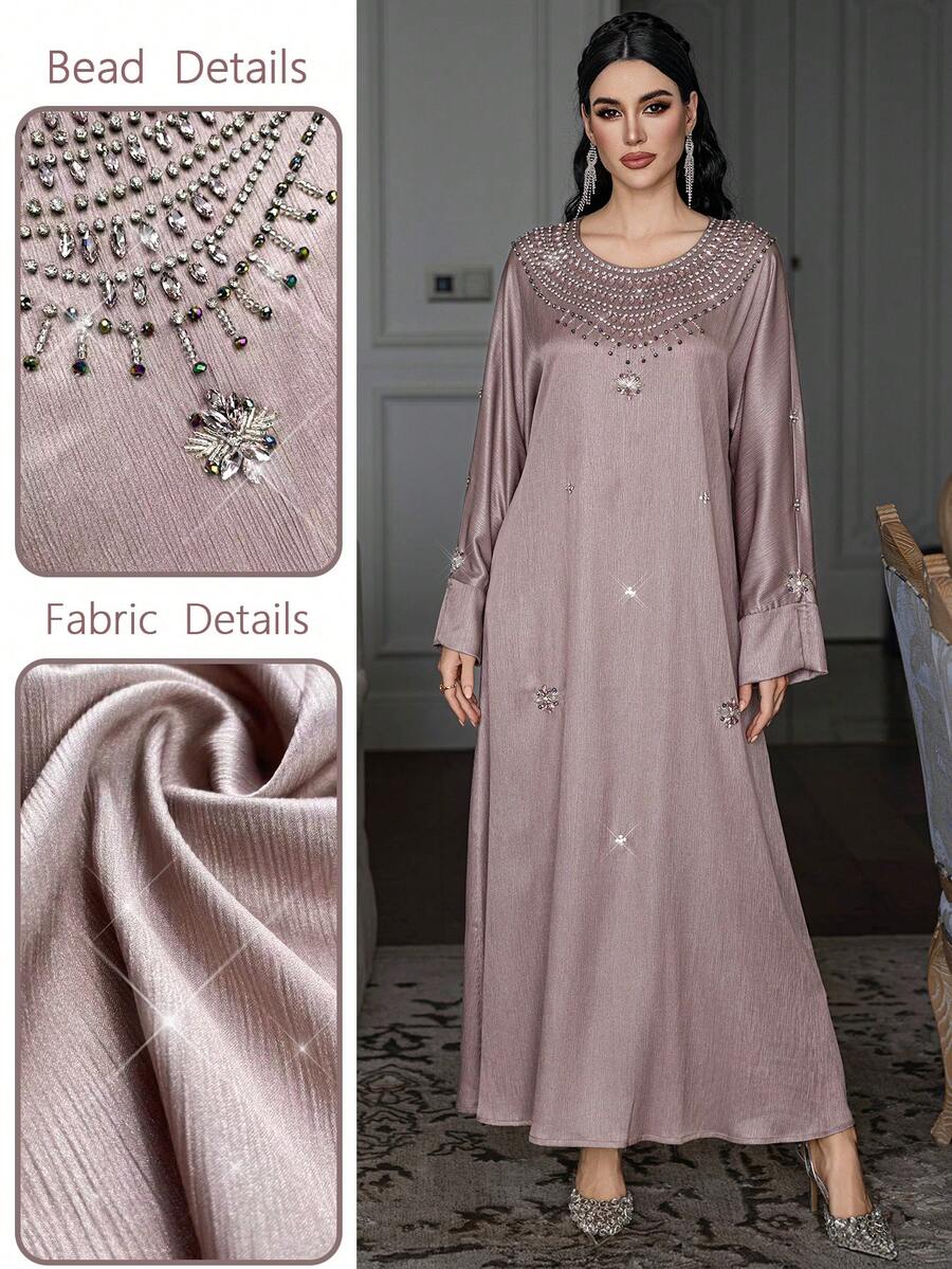 Layrah Váy maxi tay dài cổ tròn đính đá thủ công bằng vải nhũ vân nổi - Rượu sâm banh - Xem 1