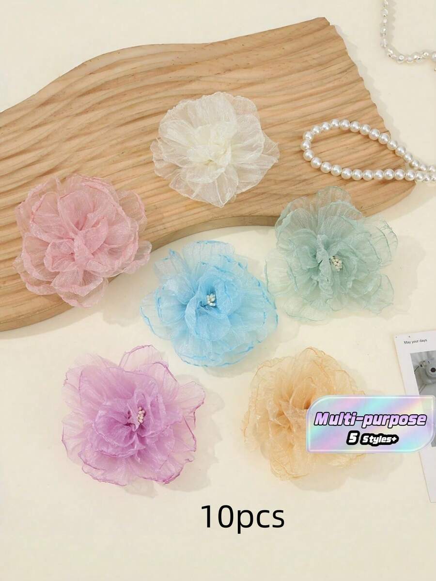 10片蜜桃粉色雪纺花朵刺绣贴片,轻盈的欧根纱贴花,时尚可爱,适用于DIY手工、发圈、发夹和服装配饰 - 多色 - 查看 1