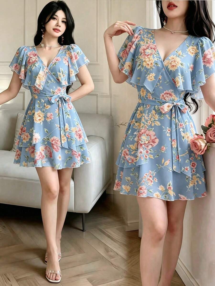 Celisse Vestido corto semitransparente con cuello de loto y estampado digital - lago azul - Ver 1