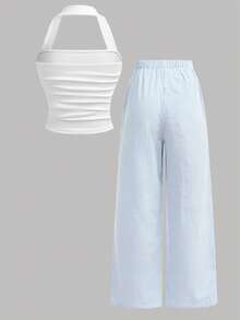 Girlism 青少年女孩背心套裝 夏季極簡白色背心搭配條紋寬鬆寬腿休閒褲 2件組，米色舒適素色背心搭配素色寬腿褲 2件組，適合夏季度假、節慶、午餐、音樂節和外出 - 藍白色 - 查看 4