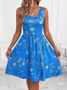 SHEIN Clasi Váy nữ mới thanh lịch cổ chữ U, chiết eo tôn dáng, họa tiết hoa, phù hợp mặc đi du lịch và mặc hàng ngày - Màu xanh lam - Xem 5