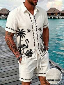 Alderstead Men's Single-Breasted Short Sleeve Plant Pattern Shirt With Pocket And Shorts Set - Multicolor - View 3