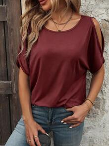 EMERY ROSE Camiseta de hombros descubiertos de unicolor versátil y casual de verano - Burdeos - Ver 1