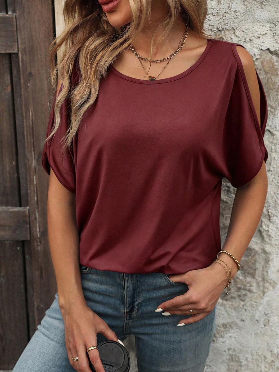 EMERY ROSE Camiseta de hombros descubiertos de unicolor versátil y casual de verano - Burdeos - Ver 1