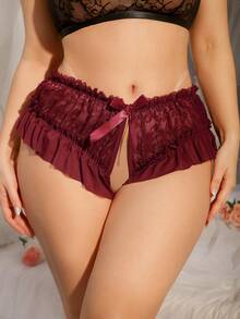 SHEIN Plus Size Lace Patchwork Sexy Open Crotch Lingerie Panties - Burgundy - View 3