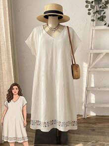 Rusticease Plus Size Solid Color Batwing Sleeve Vacation Casual Dress - Multicolor - View 1