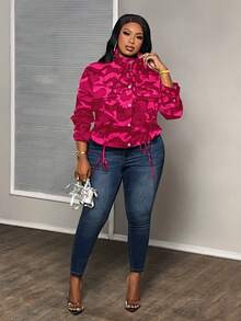 Slaydiva Plus Size Camouflage Print Drawstring Hem Jacket For Dailywear Winter Fall Autumn - Hot Pink - View 5