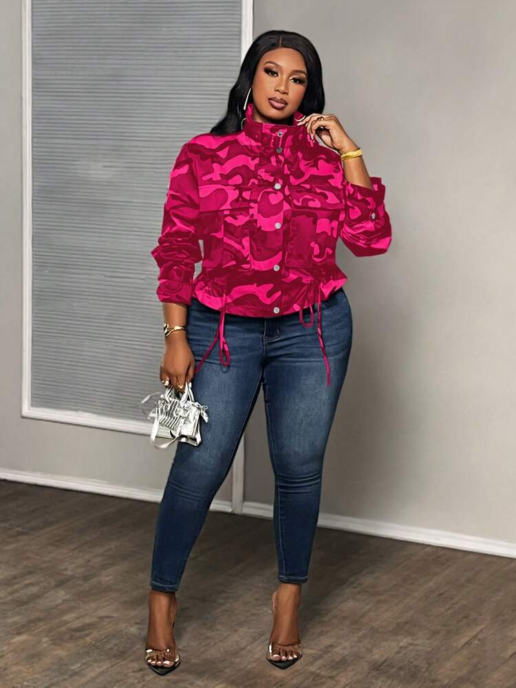 Slaydiva Plus Size Camouflage Print Drawstring Hem Jacket For Dailywear Winter Fall Autumn - Hot Pink - View 4