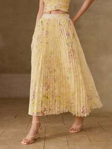 MOTF PREMIUM WOMEN'S ELEGANT FASHION JACQUARD PRINT PLEATED SKIRT - Yellow - View 5