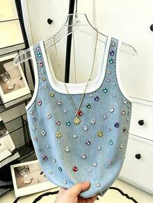 Resyla Hot-Selling Contrast Trim Denim Effect Asymmetrical Print Regular Fit Slim Women's Tank Top - Blue - View 4