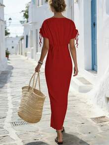 Breezaya Đầm dài cổ chữ V thắt nơ vai dành cho nữ - Fiery Red - Xem 2