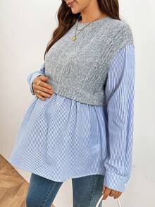 MaterniWear 女款孕婦長袖運動衫：白色羅紋針織與條紋棉布拼接設計 – 休閒 1960 年代秋季風格 冬季約會 正式出院 - 彩色 - 查看 5