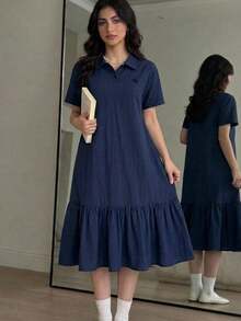 Teen Girl Navy Blue Polo Collar Embroidered Pattern Ruffle Hem Casual Dress, School Uniform Style, Suitable For School, Outdoor Activities, Shopping, Daily Wear - Royal Blue - View 1