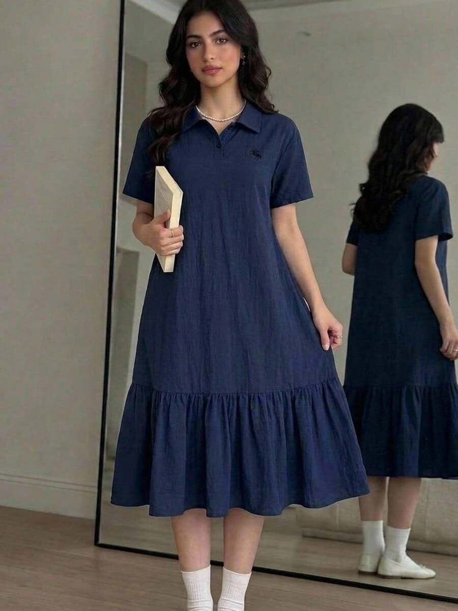 Teen Girl Navy Blue Polo Collar Embroidered Pattern Ruffle Hem Casual Dress, School Uniform Style, Suitable For School, Outdoor Activities, Shopping, Daily Wear - Royal Blue - View 1