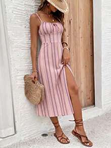 SHEIN Frenchy Đầm lửng phong cách tối giản thường ngày màu hồng, họa tiết sọc dọc hình học bất đối xứng, thích hợp cho kỳ nghỉ xuân/hè. - Nhiều màu - Xem 5