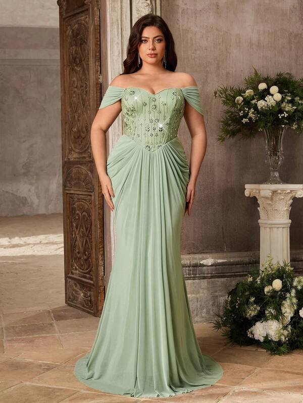 Aureia Đầm dài size lớn cổ tim cúp ngực đính sequin phối lưới co giãn nhún bèo thắt lưng sau, phong cách thanh lịch ngọt ngào, phù hợp cho đám cưới, tiệc tối thời trang, dạ hội, tiệc sinh nhật, tiệc tối trang trọng, đầm dạ hội đính kết cầu kỳ
