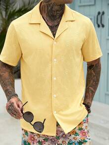VENTUSAIL Estilo casual de vacaciones para hombres, diseño a juego con textura de ganchillo de planta verde, camisa casual de vacaciones de manga corta con botones y sensación elegante y romántica francesa. Camisa casual de manga corta con estampado floral, camisas tropicales para hombres, camisas bonitas para hombres, camisas gráficas para hombres, camisas tropicales para hombres, camisa amarilla para hombres, camisas retro para hombres, camisa de punto... - Amarillo - Ver 8
