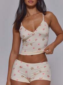 MUSERA Coconut Tropical Print V NeckTank Top Mini Shorts Hot Coord Sold As 2 Piece Set Cute Sexy Summer Spring Holiday Vacation Lingerie Night Fruits Girly - Multicolor - View 2