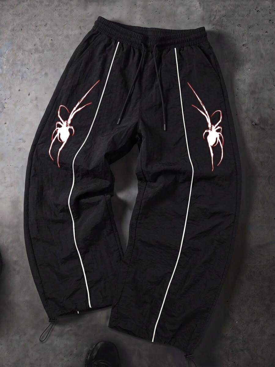 Sport MetroGents 男士抽繩腰蜘蛛印花休閒百搭日常旅行運動長褲,健身房適用 - 黑色 - 查看 1