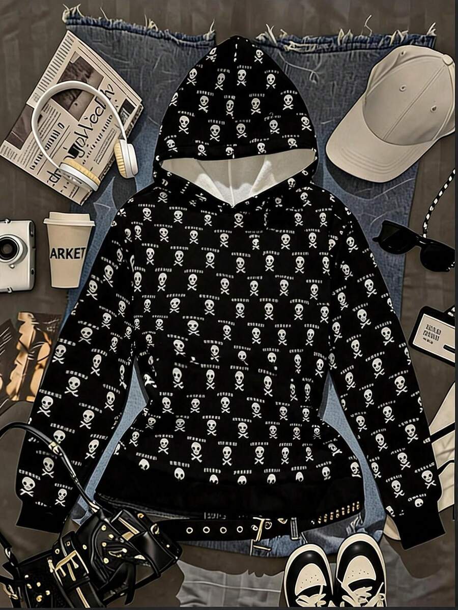 Attitoon Women's Skull Print Long Sleeve Sweatshirt Sweatshirt, Suitable For Autumn/Winter Concert Black Goth - Multicolor - View 1