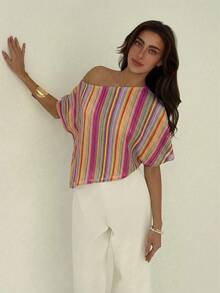 Aloruh Colorful Striped Summer Vacation Sheer Cover-Up Top Summer  Beach Vacation Outfits Colorful Faux Crochet Striped Openwork Sheer Top/Vacation Cover-Up - Multicolor - View 3