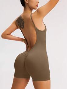 Slayform Slayform Women's Solid Color Open Back Camisole And Bike Shorts Jumpsuit, For Daily Workout Chinese New Year Compression Bodysuit Bbl Shapewear Body Suit Fit - Khaki - View 2