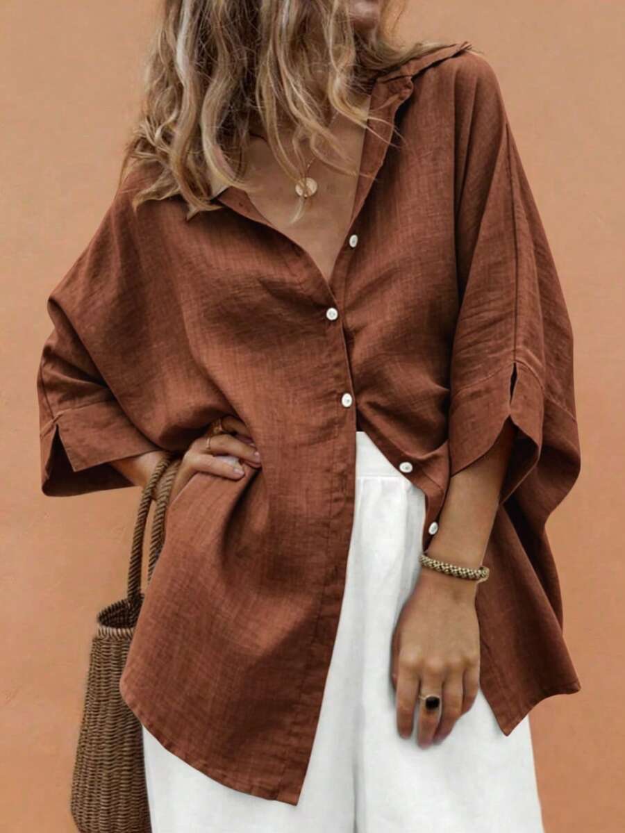 EMERY ROSE Camisa de mujer talla grande para primavera/verano, casual, sencilla y versátil, estilo resort, color caqui liso, corte holgado con hombros caídos y cuello, perfecta para primavera y verano - Óxido marrón - Ver 1