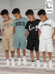 SHEIN 8pcs/Set Kaos dan Celana Pendek Kasual Longgar Bergambar Huruf untuk Anak Laki-Laki Remaja, Cocok untuk Berpergian, Sekolah, Santai Sehari-hari, Olahraga, Musim Semi/Panas - MultiWarna - View 8