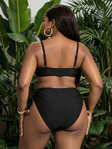 Slaydiva Plus Size Women Casual Swimwear Set With Drawstring Shorts, Suitable For Holiday - Black - View 2
