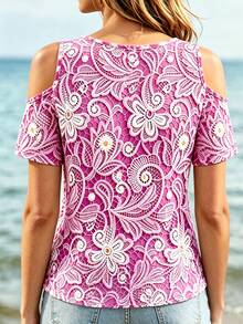 EMERY ROSE Best-Selling Premium T-Shirt/Print Design-Non-Textured/Full-Length Floral Pattern Lace Pattern Design/Daisy Print Pattern/Casual Commute Casual Off-Shoulder T-Shirt - Pink - View 2