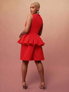 Vixey Top peplum de cuello redondo sin mangas de tejido sólido - Rojo - Ver 5