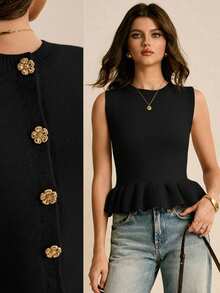 Poéselle Chaleco de punto con botones, volantes y estampado floral de unicolor para mujer - Negro - View 1