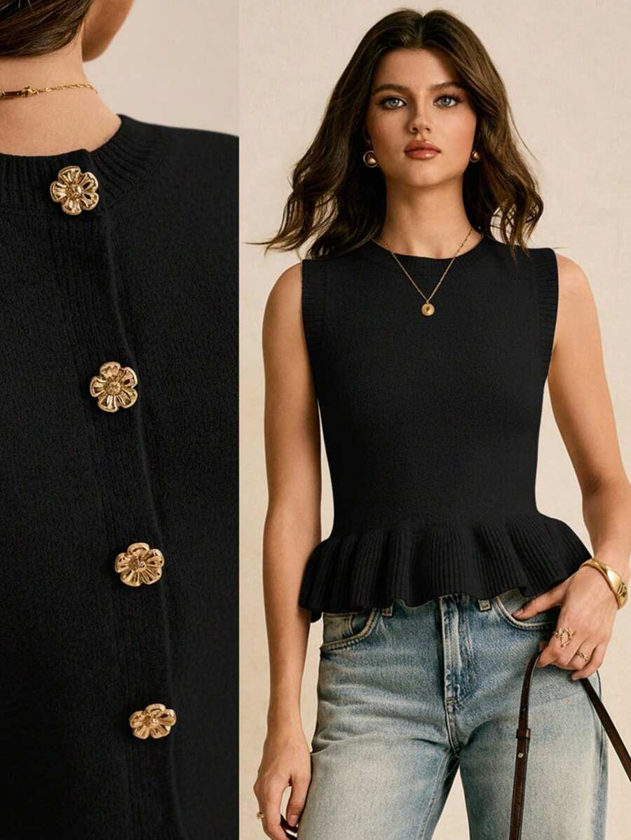 Poéselle Chaleco de punto con botones, volantes y estampado floral de unicolor para mujer - Negro - View 1